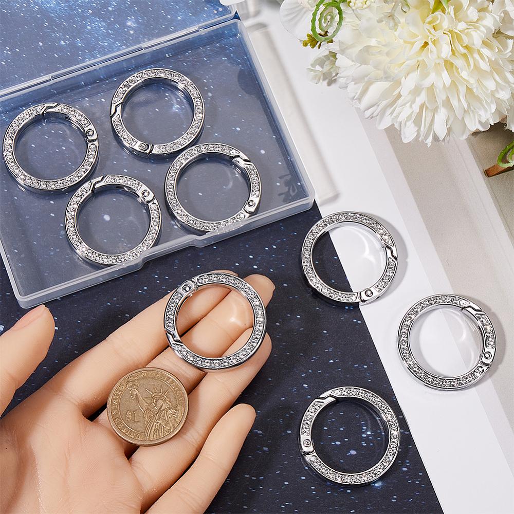 8pcs Alloy Crystal Rhinestone Spring Gate Rings, Ring, Platinum, 34x5mm