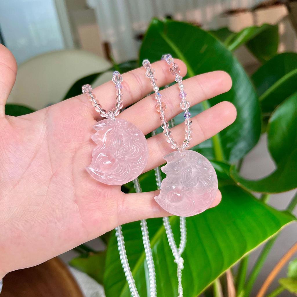 Rose Quartz Nine-Tailed Fox Crystal Pendant Necklace
