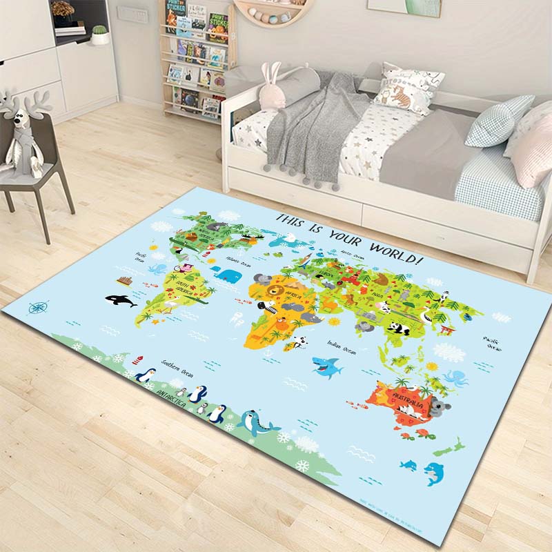 Cartoon World Map Pattern Floor Rug Carpets for Living Room Bedroom Bedside Bathroom Floor Mat Area Rug Kids Room Decor Gift