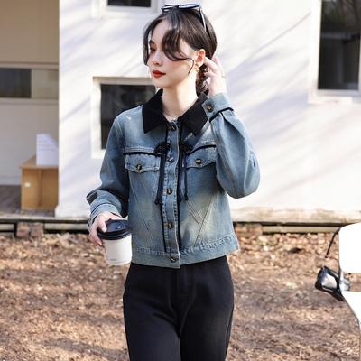 Button Denim Jacket Women's Spring New New Heavy Industry Beaded Short Jacket Chinese Top