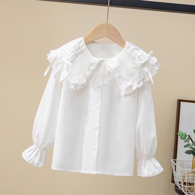 Girls' White Cotton Long Sleeve Shirt - Turn-Down Collar, Spring/Autumn Casual Top for Middle & Big Kids