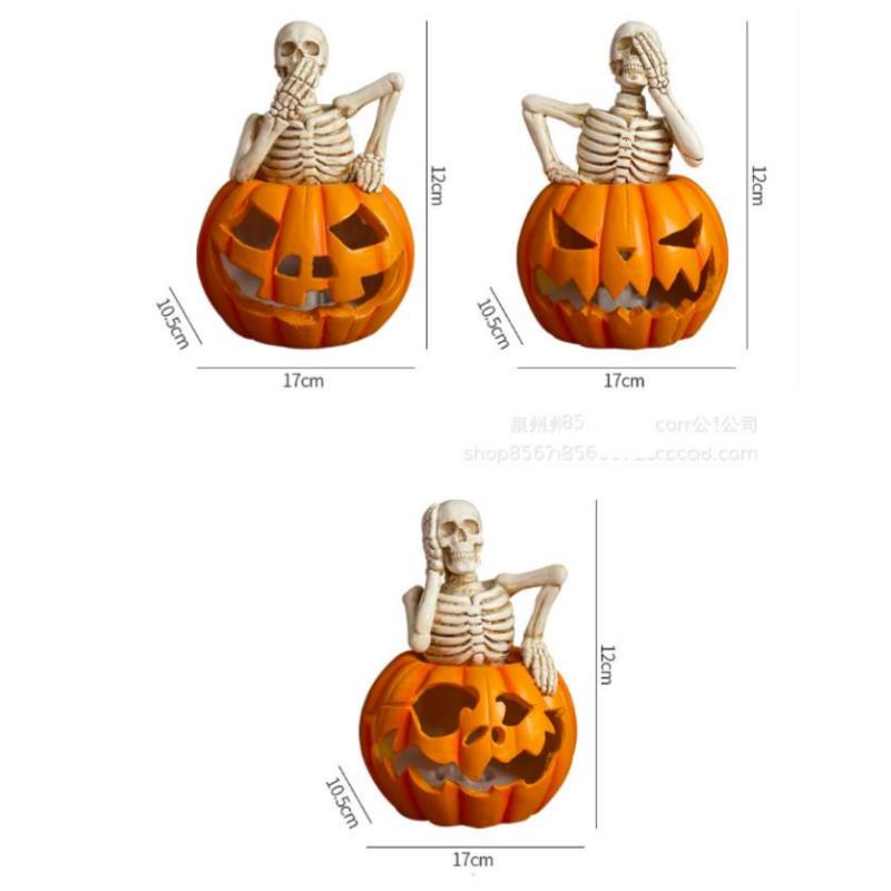 Resin Handicrafts Cartoon Halloween Skull Statue Skeleton Sculpture Hollowed-out Pumpkin Home Decoration Accessories