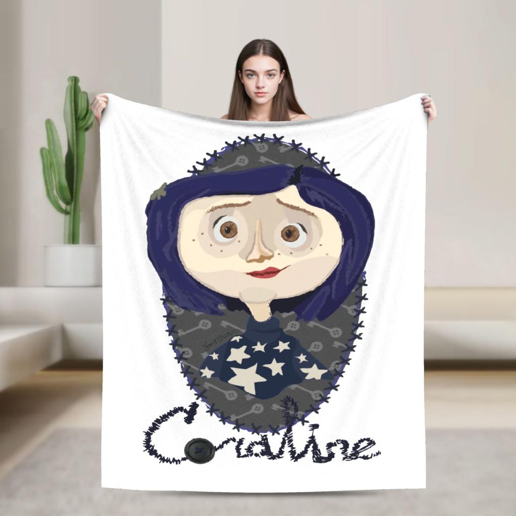 Coraline Halloween Horror Blanket Flannel Spring Autumn Portable Lightweight Throw Blankets for Home Car Bedding Throws