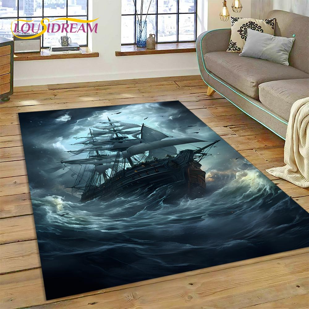 Ancient Pirate Ship Boat,Barque,Sailboa Rug Carpet for Living Room Bedroom Decor,Floor Mat Non-slip Decoration for Sofa Doormat