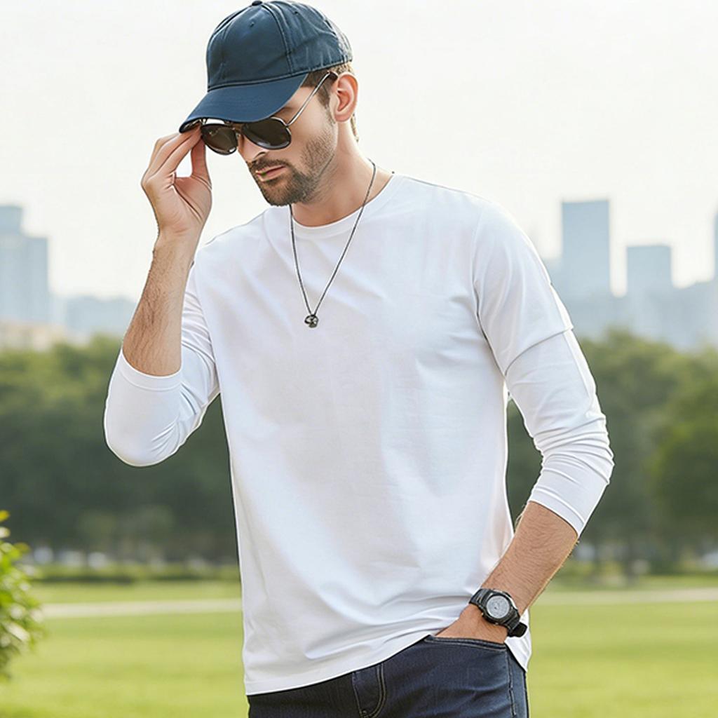Cotton base shirt men's autumn and winter men's solid color long sleeved T-shirt men's top