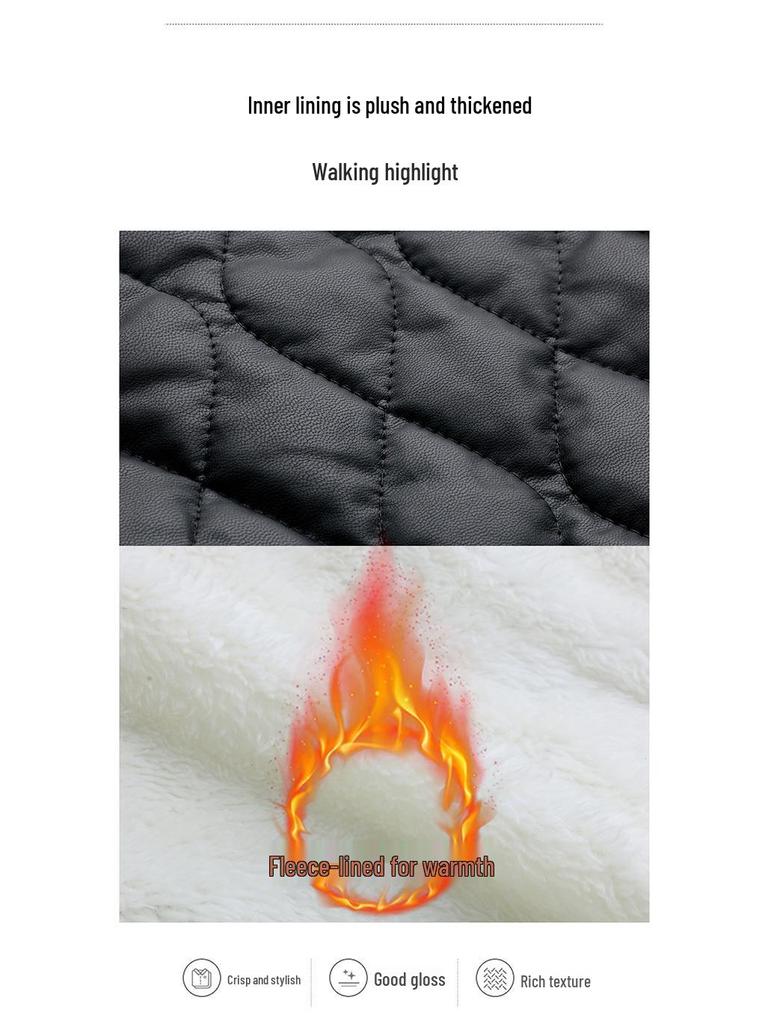 Women's Winter Korean Style PU Leather Coat with Fleece Lining and Fur Collar