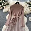 Autumn Winter Women Casual Full Sleeve Striped Knitted Sweater Pullover Lace-up Dresses