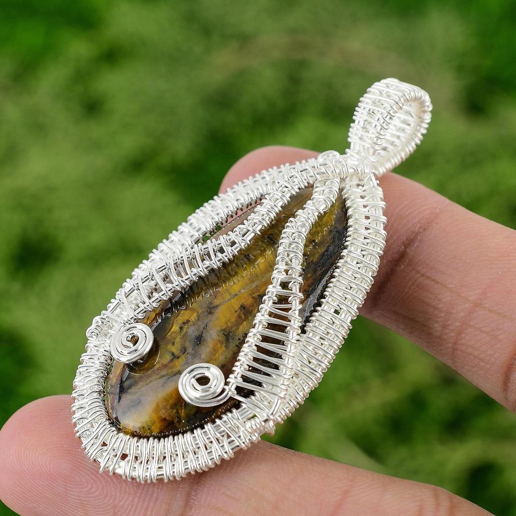 925 Sterling Silver Sacral Chakra Tiger's Eye Gemstone Wire Wrap Pendant Jewelry