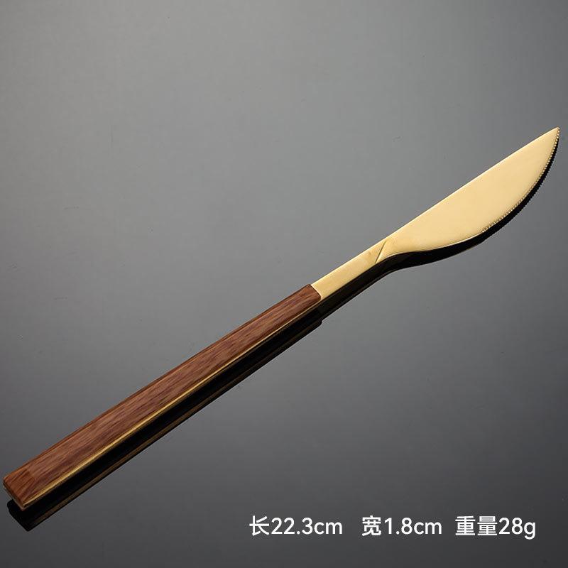 Nerezová ocel 430 rukojeť s imitací dřeva, západní příbory, pětidílná sada nožů, vidliček a lžic