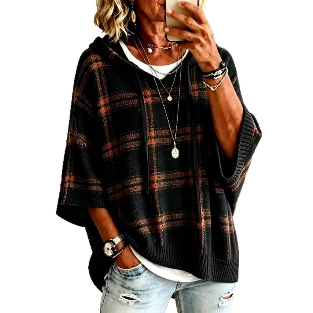 2026 European & American Women's Knit Hooded Drawstring Sweatshirt Sweater - New Style Woolen Loose Fit