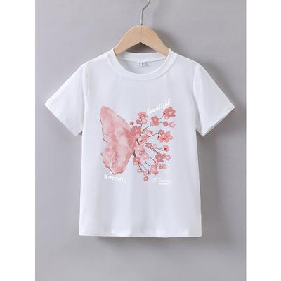 Europäische Größen Mädchen Sommer Trendiges Kurzarm T-Shirt mit 'Rosa Blumen Schmetterling Design' Aufdruck