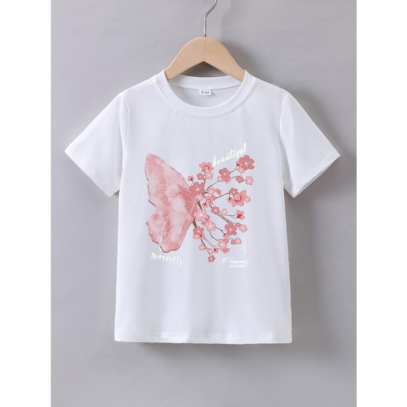 Европейские размеры Девочки Лето Модная Короткий рукав  Розовый Цветочный Дизайн с Бабочками  Принт Футболка 98cm белый