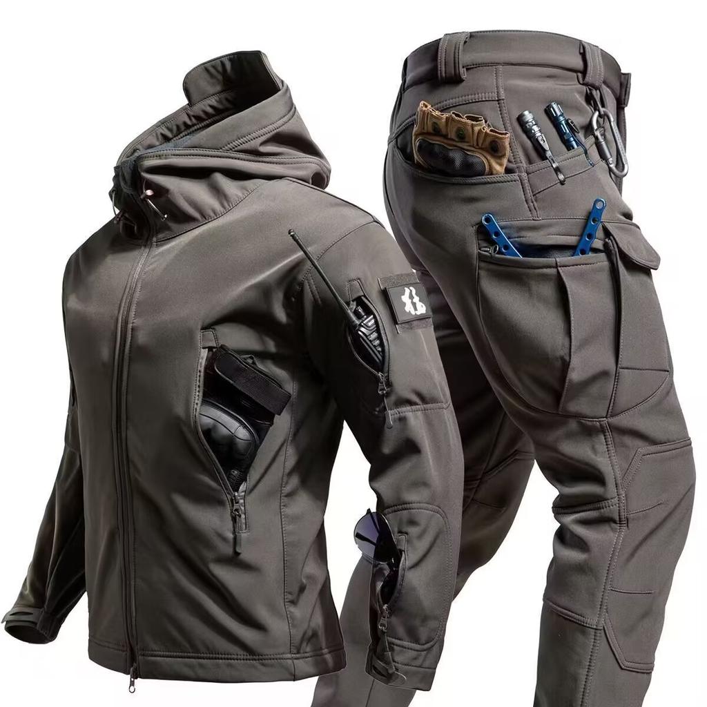 Tactical Waterproof Men Camo Set Soft Shell Fleece Winter Combat Suit Windbreak Warm Multi Pocket Outdoors Training Uniform