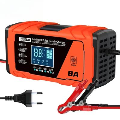 Battery Charger 12V 24V 8A 4A Smart Fast Charging for Car Batteries 8-Stage Charge Pulse Repair for AGM GEL WET Lead Acid