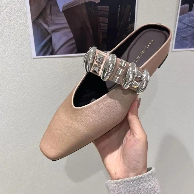Women Slippers 2025 New Flat Mules Shoes Square Toe Crystal Sandals Summer Elegant Slippers Woman Casual Baotou Slides Women