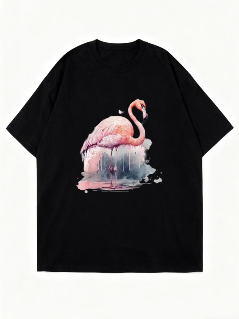 Oversized T Shirt Black Flamingo Print Summer Casual Wear