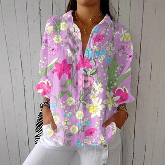 Women Shirt Lapel Long Sleeve Buttons Placket Shirt Tops Loose Fit Mid-length Summer Floral Shirt Lightweight Casual Tops