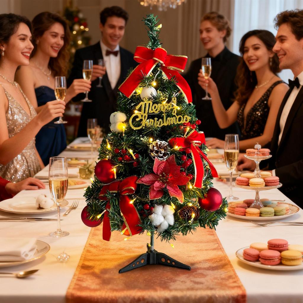 Small Christmas Tree Artificial With Balls Bow Mini Christmas Tree With Lights For Home Decor Indoor Outdoor Bedroom Living Room
