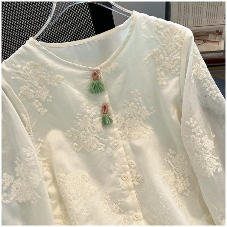 Spring Jacquard Embroidered Lace Shirt Chinese Style Long Sleeve Blouse Women Elegant Fashion Top