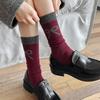 Angolan Red Socks for Women's Spring and Autumn, Trendy Wine Red Bow Polka Dot Striped Mid-calf Socks
