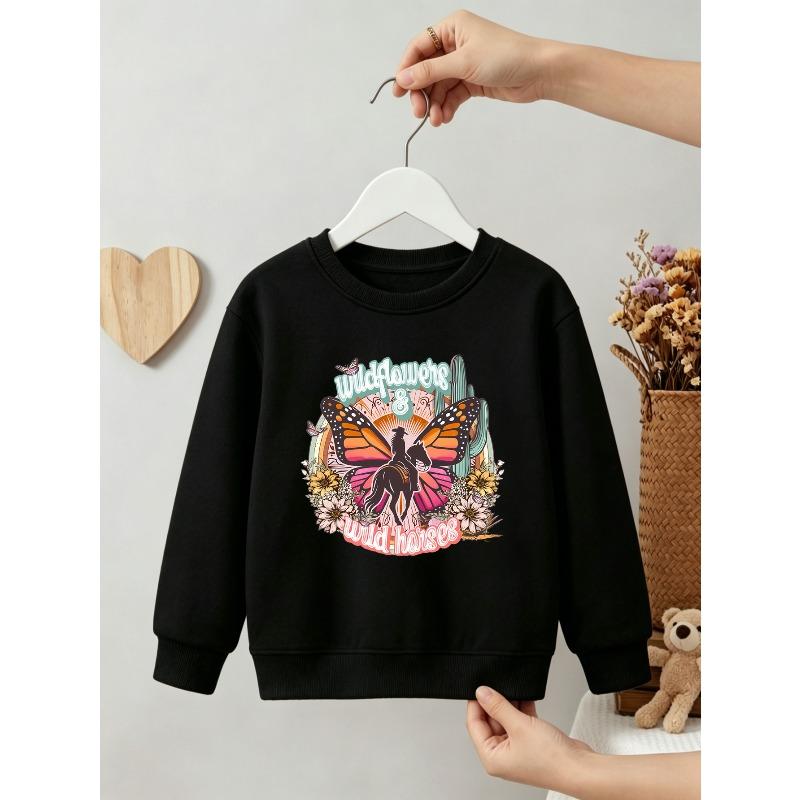 Kids Unisex Crewneck Sweatshirt, Western Cowboy Horse Butterfly Cactus Wildflower Print With Slogan "wildflowers & wild horses" Soft Fleece Pullover