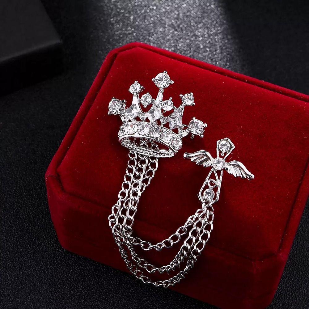 1Pcs Temperament Chain Brooch Crown Rhinestone Lapel  For Women Dress Mens Shirt Suit Set