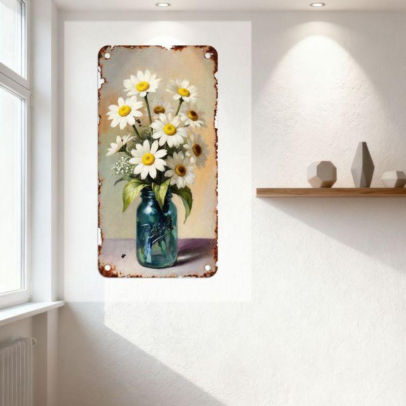 Vintage Rustic Metal Tin Sign with Pecan Blue Mason Jar & White Daisies, Rustic Home Decor for Country Style Café Bar Man Cave