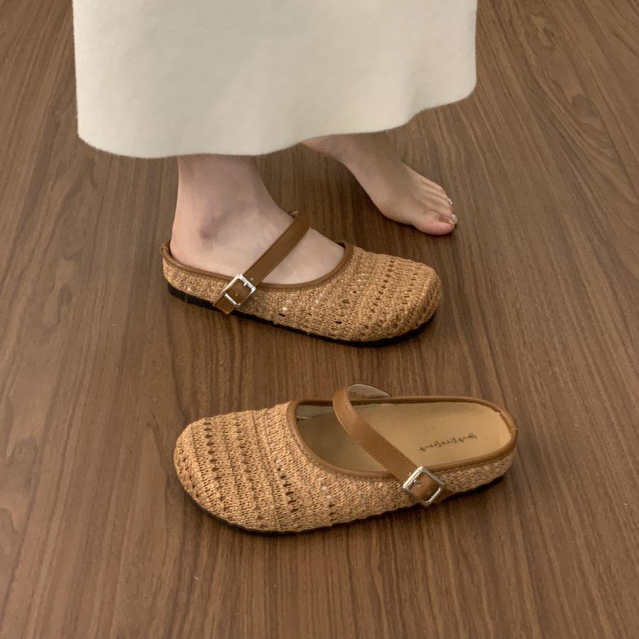 Women's Half Slippers Spring Summer New Vintage Fly Weave Baotou Flats Fashion Square Button Slip on Outdoor Casual Sandals