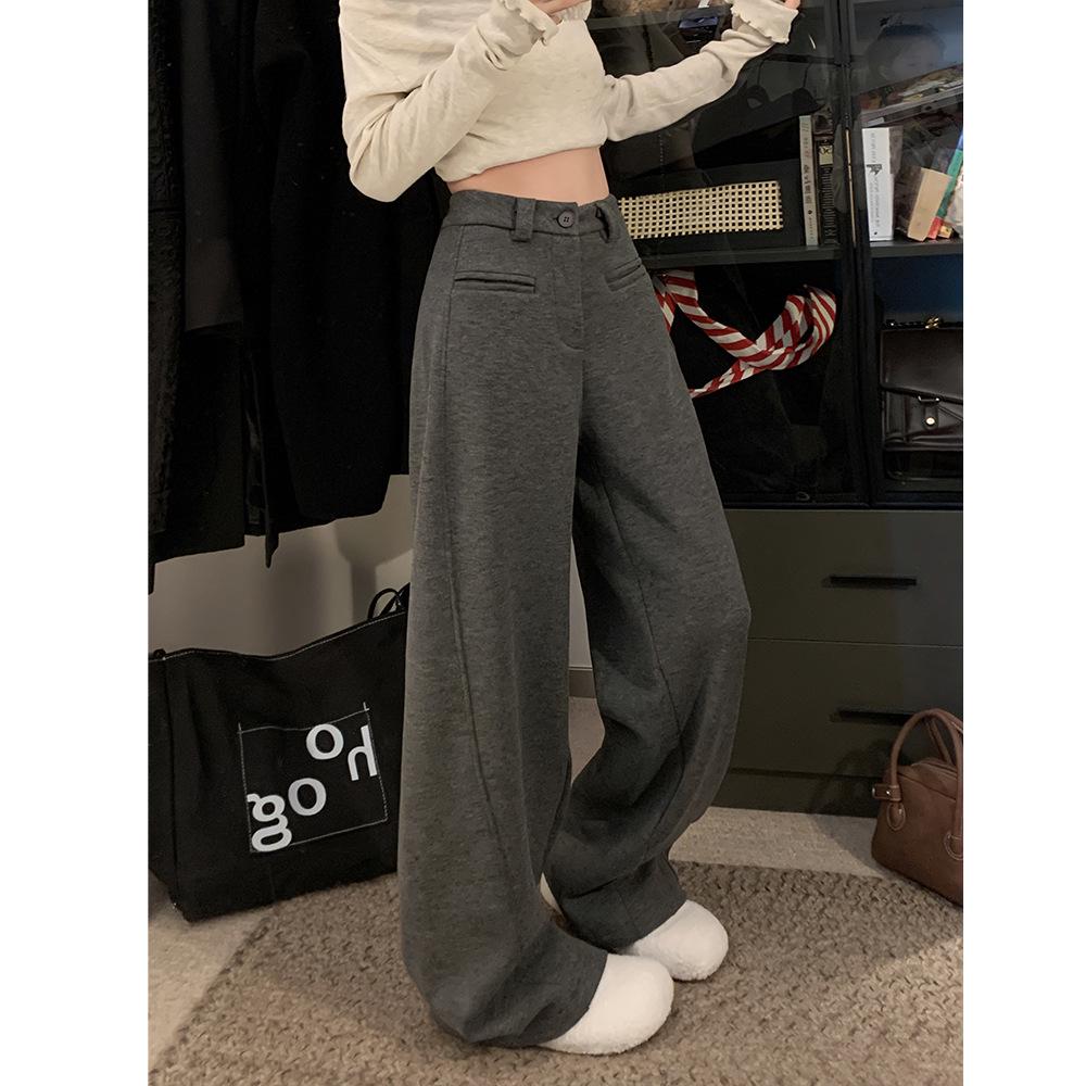 

2025 A/W Women s Plus Velvet Wide-Leg Wool Pants: Thickened, Fashionable, Versatile, Loose, Casual Suit Pants Small серый