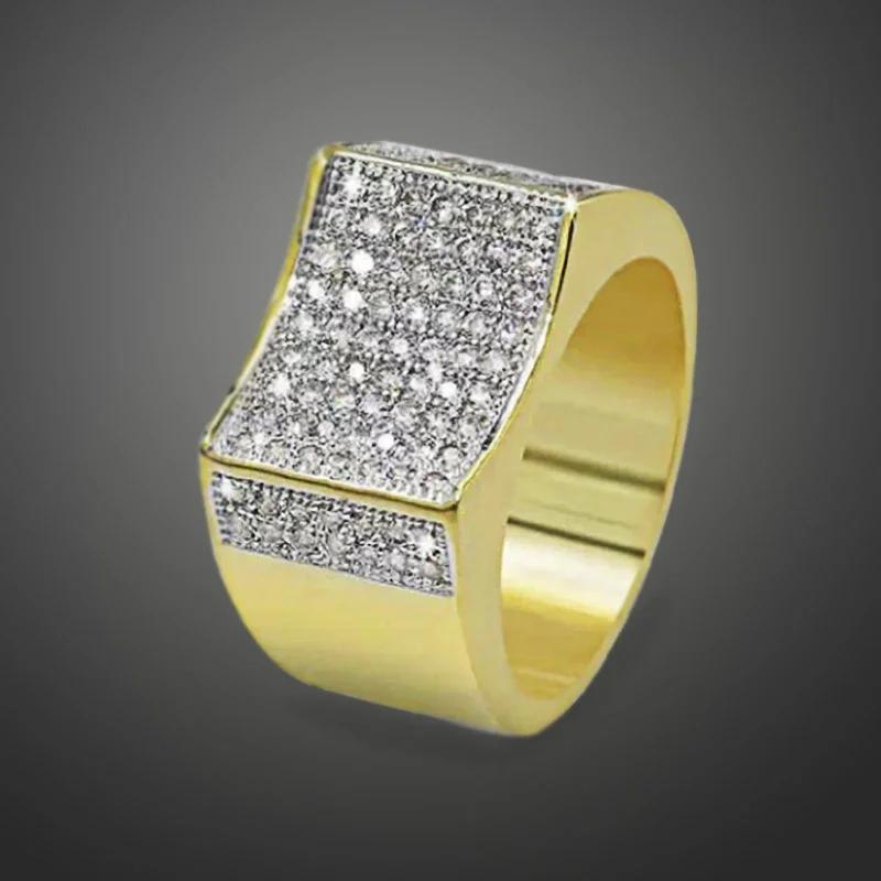 2023 Trendy Golden Full Crystal Geometric Men's Ring Business Style Party Wedding Fashion   Male Hand Accessories