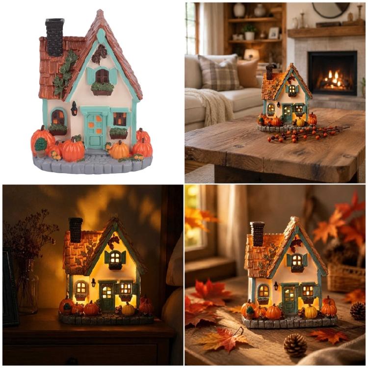 Pumpkin House LED Tabletop Decoration Resin Cottage Statue With Warm Illuminating Window for Fall Centerpieces, Fireplaces Mantels and Bedroom Shelf