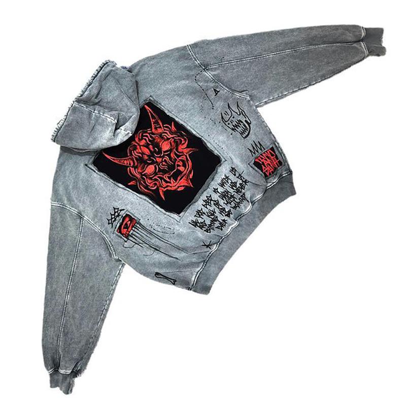 2025 Neue Mode Amerikanischer Street Retro Y2K Herren und Damen mit Dämonen-Print-Patch Lockerer Kapuzenpullover Mantel