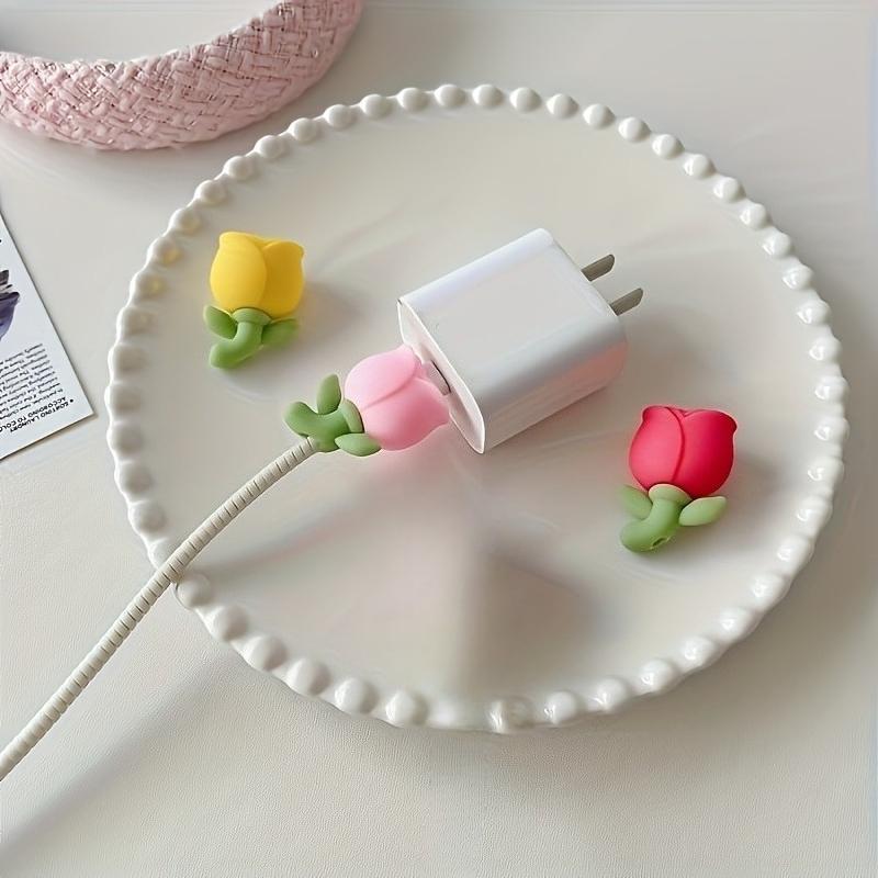 2Pcs Tulip Flower Cable Protector, Cute Decorative Charger Cable Cover, Compatible with Phone Charging Cables