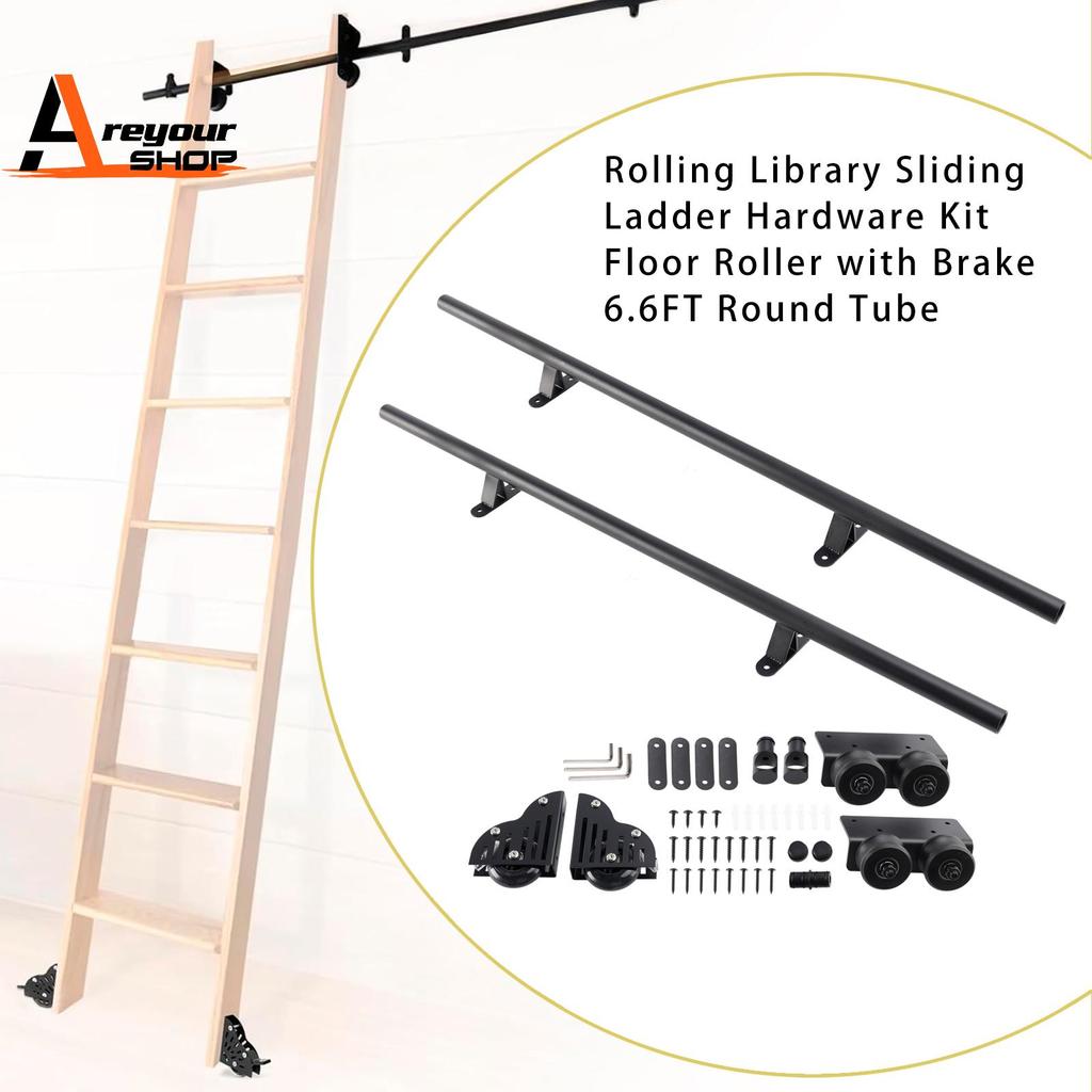 Areyourshop 6.6FT Round Tube Rolling Library Sliding Ladder Hardware Kit with Brake