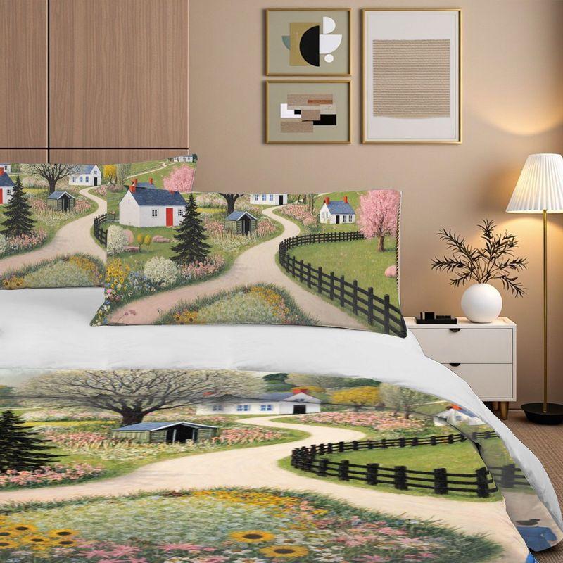 3-Piece Bedding Pillowcase Quilt Cover Set Country Scenic Flower House 2D Digital Printing Suitable For Bedroom Dormitory Decor