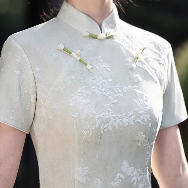 Womens Modern Chinese-Inspired Long Cheongsam Dress With Double Placket Stand Collar Short Sleeve 2026
