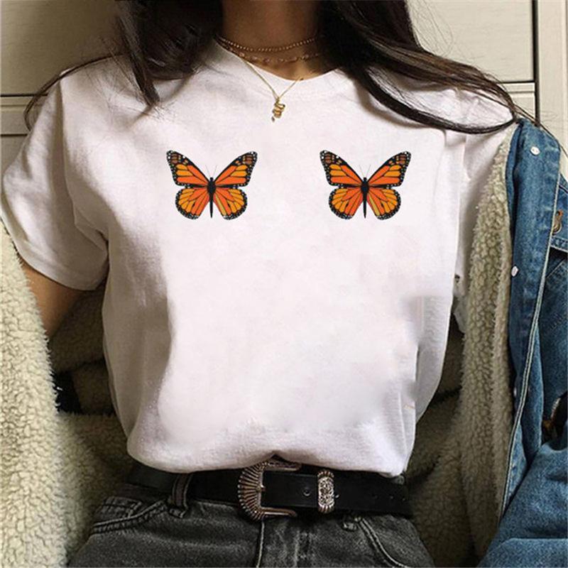 Short Sleeve Summer Fashion Women's Clothing Beautiful Watercolor Butterfly Printing White Ladies Casual Loose Personality TT-shirt