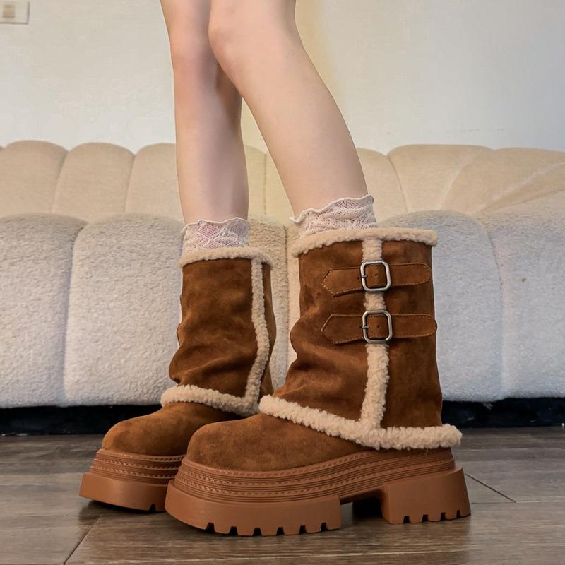 Cowhide version of women's boots with velvet 2025 new winter small height increase medium boots cotton boots muffin Martin boots