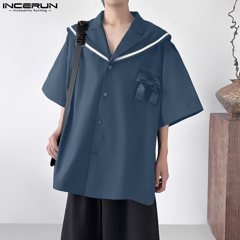 INCERUN Oversized Men Naval Collar Short Sleeve Stitching Casual Loose Shirts Tops