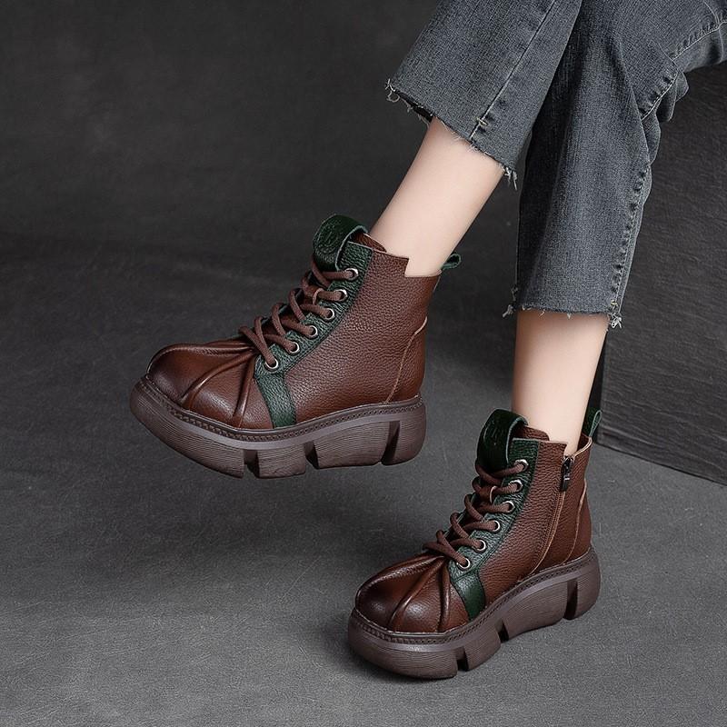 Johnature 2023 Autumn Winter New Retro Short Boots Women Genuine Leather Mixed Colors Thick Soled Versatile Platform Shoes