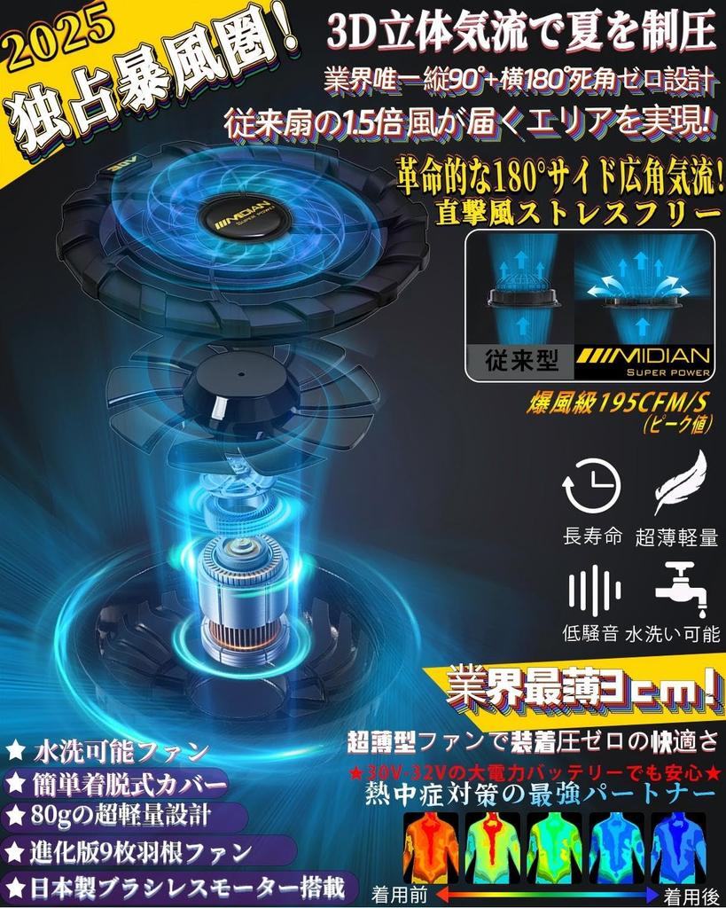 2025 32V Super Powerful Cooling Workwear with and Made in Japan with Unprinted Heatstroke Prevention Size [MIDIAN] 20,000mAh Fan, Waterproof,