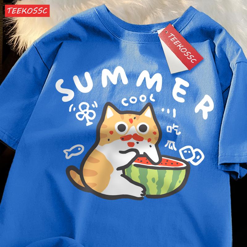 Eating Melons Oranges Cats Funny Catsprinted Mans T-Shirt Fitting Cool T Shirts Leisure Oversized Tee Shirt Pleasure Cotton Tops