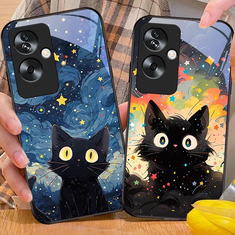 Cute Little Cat Black For Oppo A79 5G 58 78 74 60 4G Reno 11F Realme GT 6 11 Note 50 10 C55 X2 Tempered Glass Black Phone Case