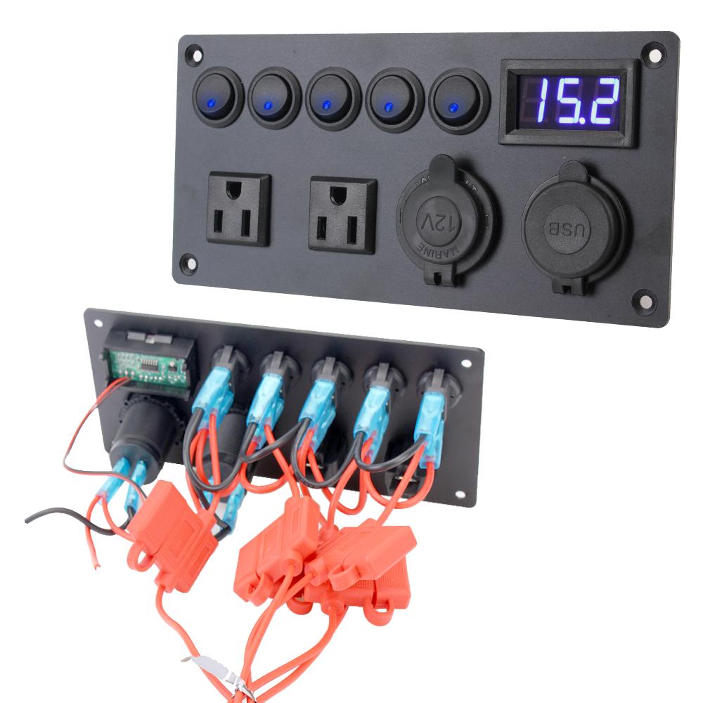 For Car Marine 5 Gang Toggle Switch with US Plug Socket LED Digital Voltmeter Dual USB Port Car Switch Panel 12V/24V