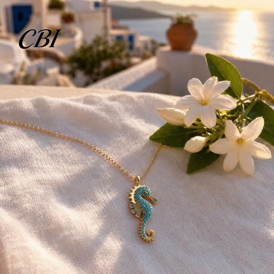 Exquisite Seahorse Jewelry Women Blue Necklace, Rhinestone Pendant Stylish Sea Charming Neck Creature Summer Beach Gift for Her Wife Girlfriend