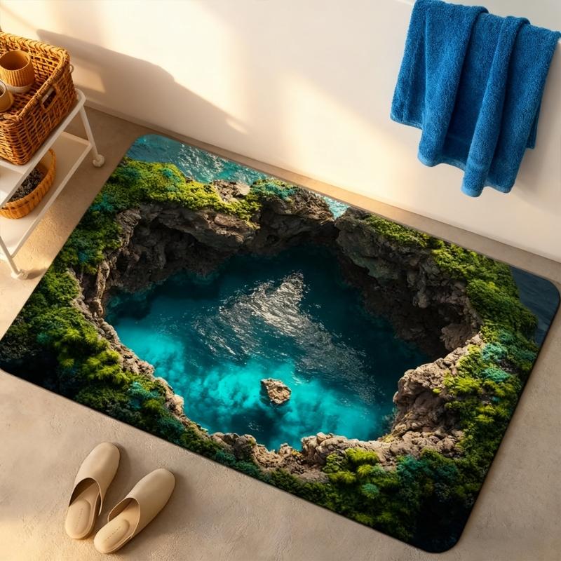 3D Optical Illusion Rug Nonslip Floor Mat for Indoor and Outdoor Use Cave Stone Visual Illusion Doormat for Living Room