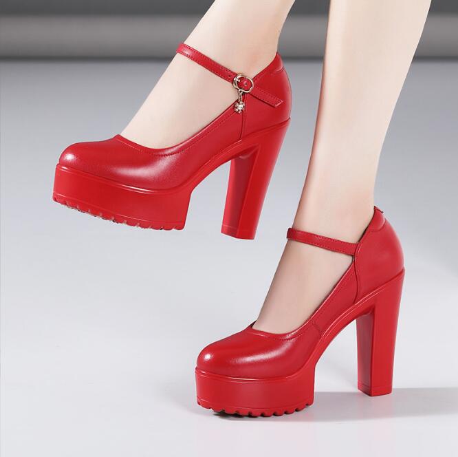 Γνήσια Δερμάτινα Παπούτσια Γυναικεία Στρογγυλή Μύτη Πλατφόρμα Γόβες Ψηλά Τακούνια Μόδα Μαύρο Γυναικείο Παπούτσι Εργασίας Πάρτι Παπούτσια Γάμου Μεγάλο Μέγεθος 3