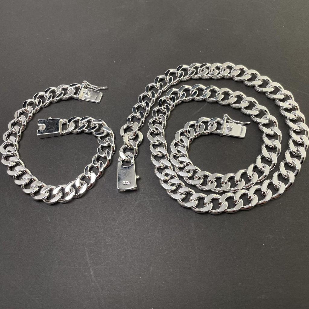 925 Silber Galvanisiertes Set aus Halskette und Armband mit quadratischer Schnalle, 10 mm, 20–24 Zoll