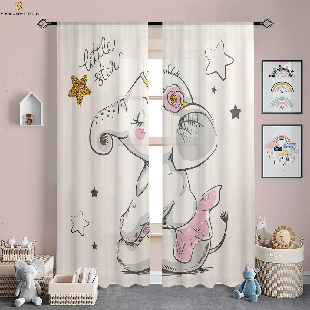 Window Curtains Cute Cartoon Elephant Print Curtains Machine Washable Bedroom Living Room Study Children'S Room Curtains 2 Pcs