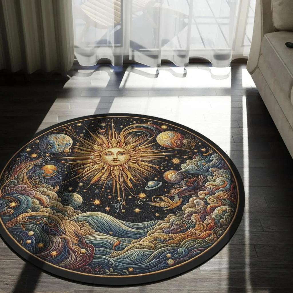 Mystischer Mond Floral Sternenrunder Bereichsteppich mit luxuriösem floralem Sterndesign Weich flauschig Große Größe Schlafzimmer Kinderzimmer